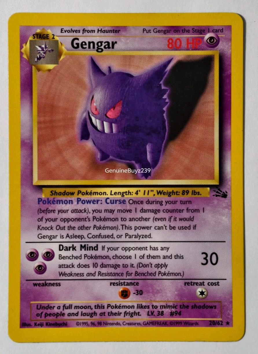 Gengar 20/62 Fossil Rare English 1999 Pokemon Card
