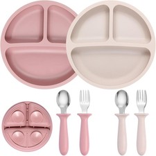2 Pack Silicone Divided Baby Plates with Suction, 2 Pack Toddler Forks and