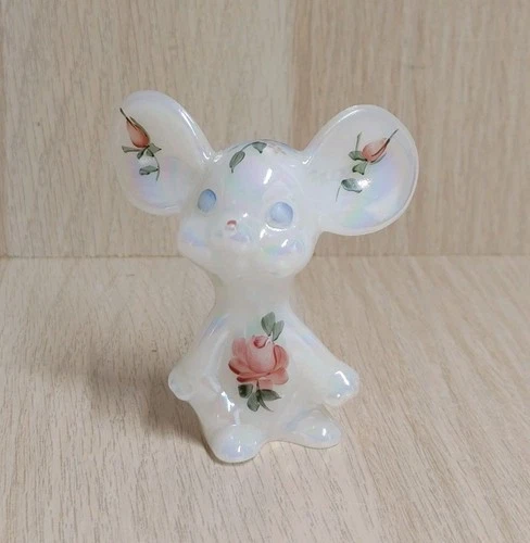 Fenton Glass Mouse Figurine White Iridescent Hand Painted Roses Signed 3"