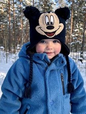 Mickey Mouse Earflap Beanie Hat Knit Winter Cap Pom Ears Braided Tassels NWT