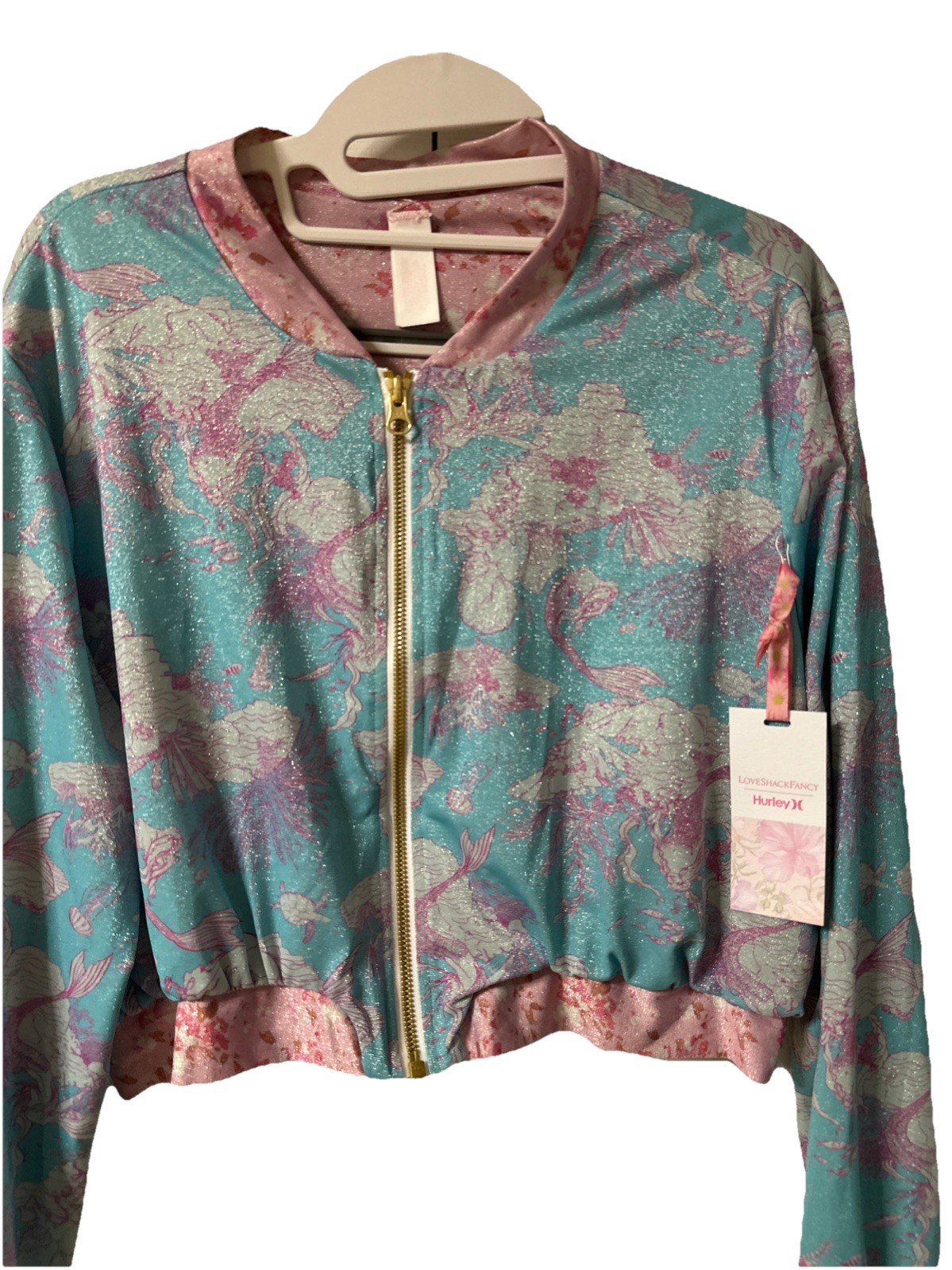 Hurley x LoveShackFancy Bomber Jacket XL Mermaidcore Shimmer Cropped NWT Org $85