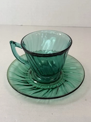 Jeannette Ultramarine Ultra Marine Blue Teal Swirl Cup & Saucer Depression Glass