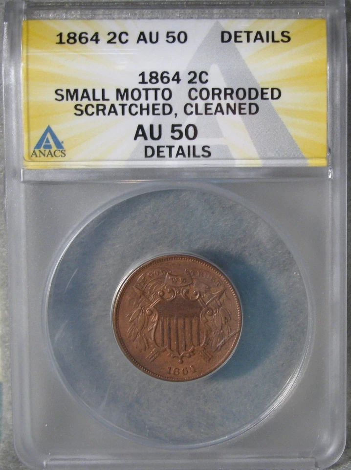 1864 Small Motto Two Cent Piece ANACS AU-50 Details ~ US Coin #648 - Image 2 of 4