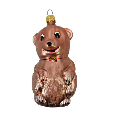 vtg blown glass 5'' Christmas ornament BEAR w/ bowtie hand-painted teddy Quality