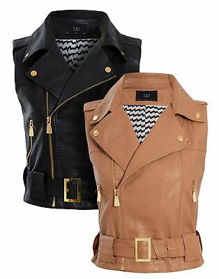 Ladies Faux Leather Vintage Coats Waistcoat Gilet Biker Slim Sleeveless Jacket