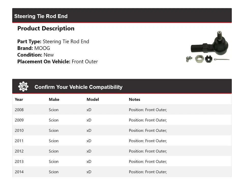 For 2008-2014 Scion xD Steering Tie Rod End Front Outer MOOG 2008 2009 2010 2011 - Image 2 of 4