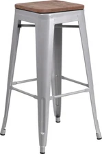 30" Industrial Style Silver Metal Bar Height Stool with Wood Seat