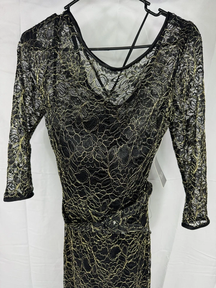 Vestido Theia 10 Alto Nuevo con Etiquetas Baile de graduación Gótico Negro Dorado Encaje Formal Alta Costura Corsé Foto 2 de 4