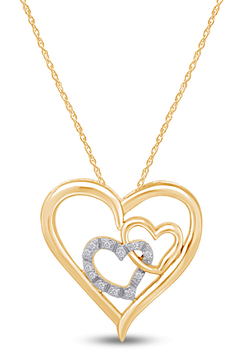 0.02 CT Natural Diamond Triple Heart Pendant Necklace 14K