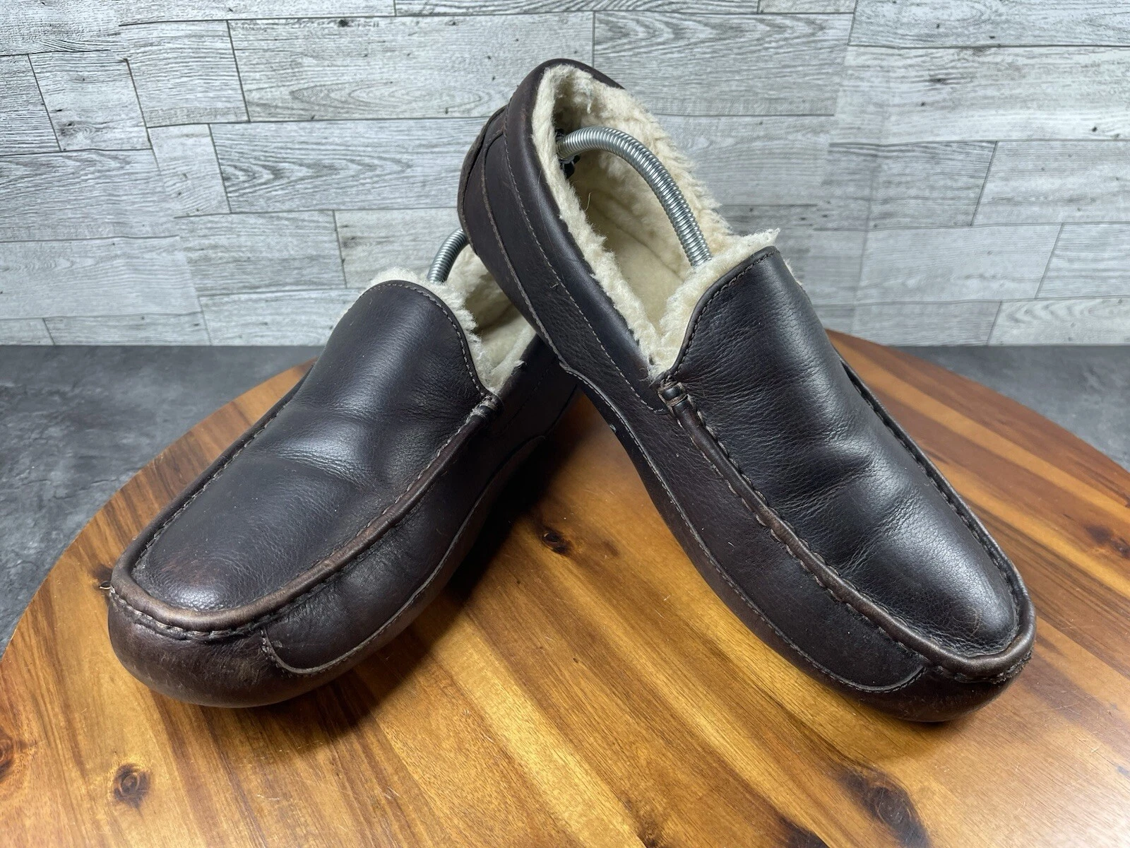 Ugg Ascot Pantofole Uomo 13M Scarpe Marrone Pelle Shearling Comode SlipOn Mocassino