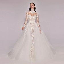 Luxury White High Neck Romantic Tulle Mermaid Wedding Dress Lace Bride Gowns