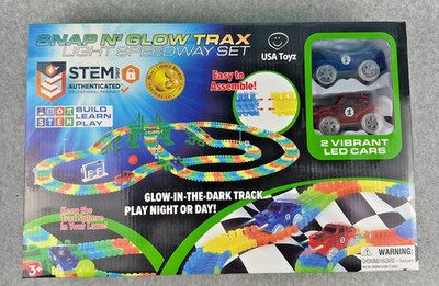 USA Toyz Snap N' Glow Trax Light Speedway Set Glow-in-the-dark LED Cars STEM