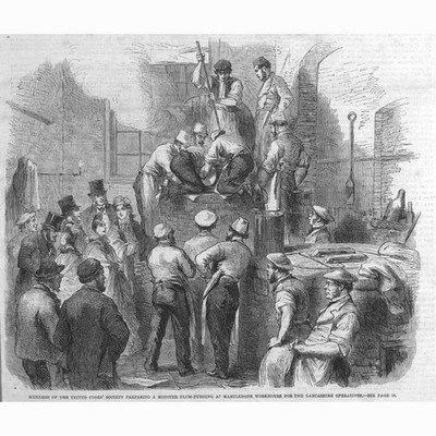 MARYLEBONE Arbeitshaus, Köche machen riesigen Pflaumenpudding für Arbeiter alter Druck 1863