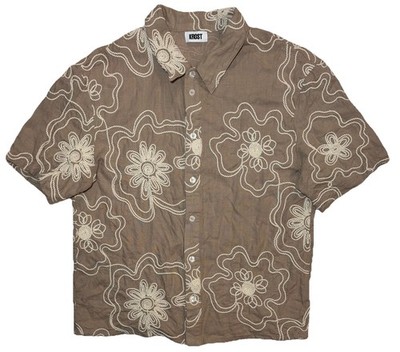 KROST Havana Floral Embroidered S/S Shirt in Egret Men s L Linen Blend MSRP $135