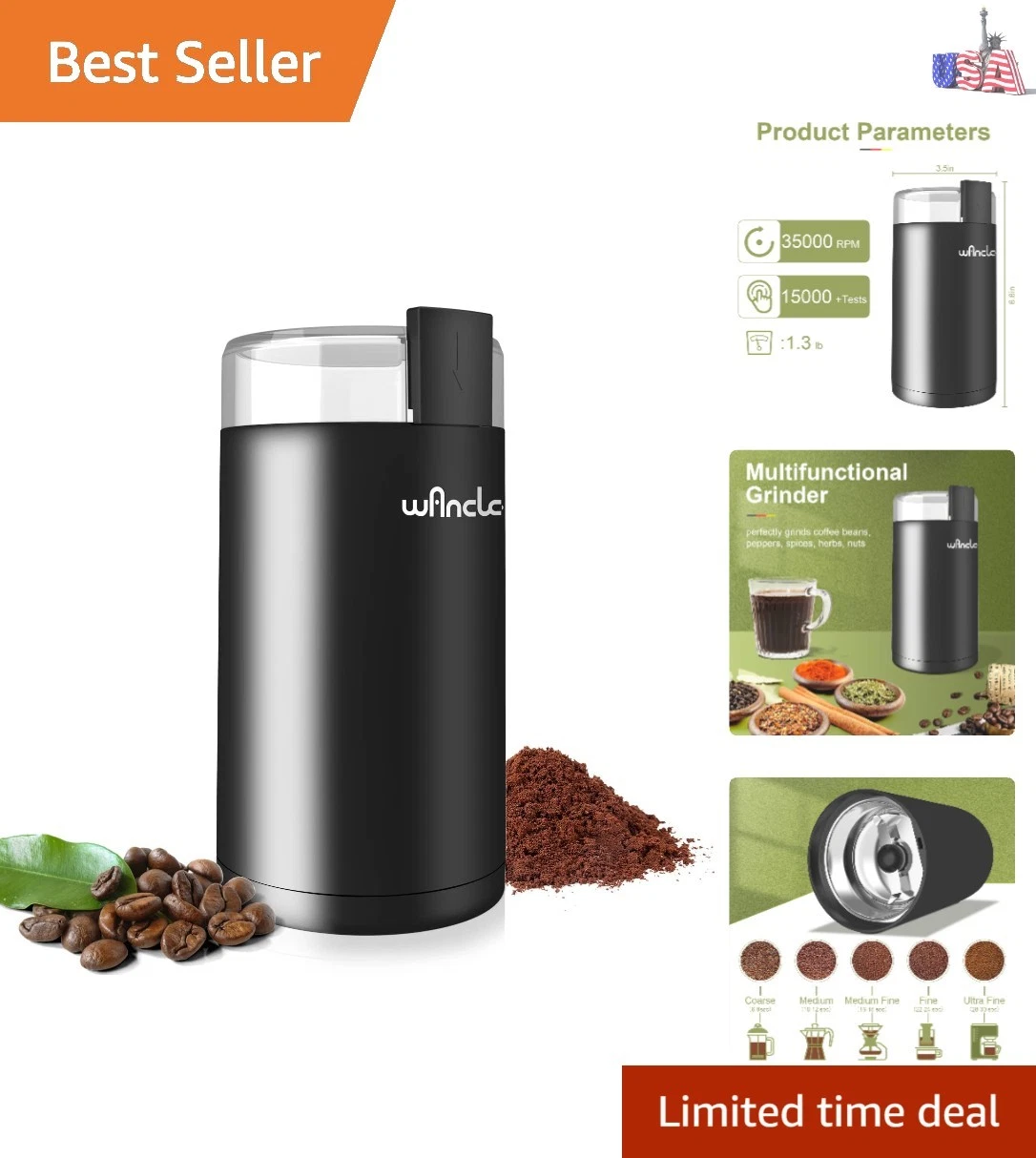 Electric Coffee Grinder, Spice Grinder, One Touch Coffee Mill for Beans, Spic...
