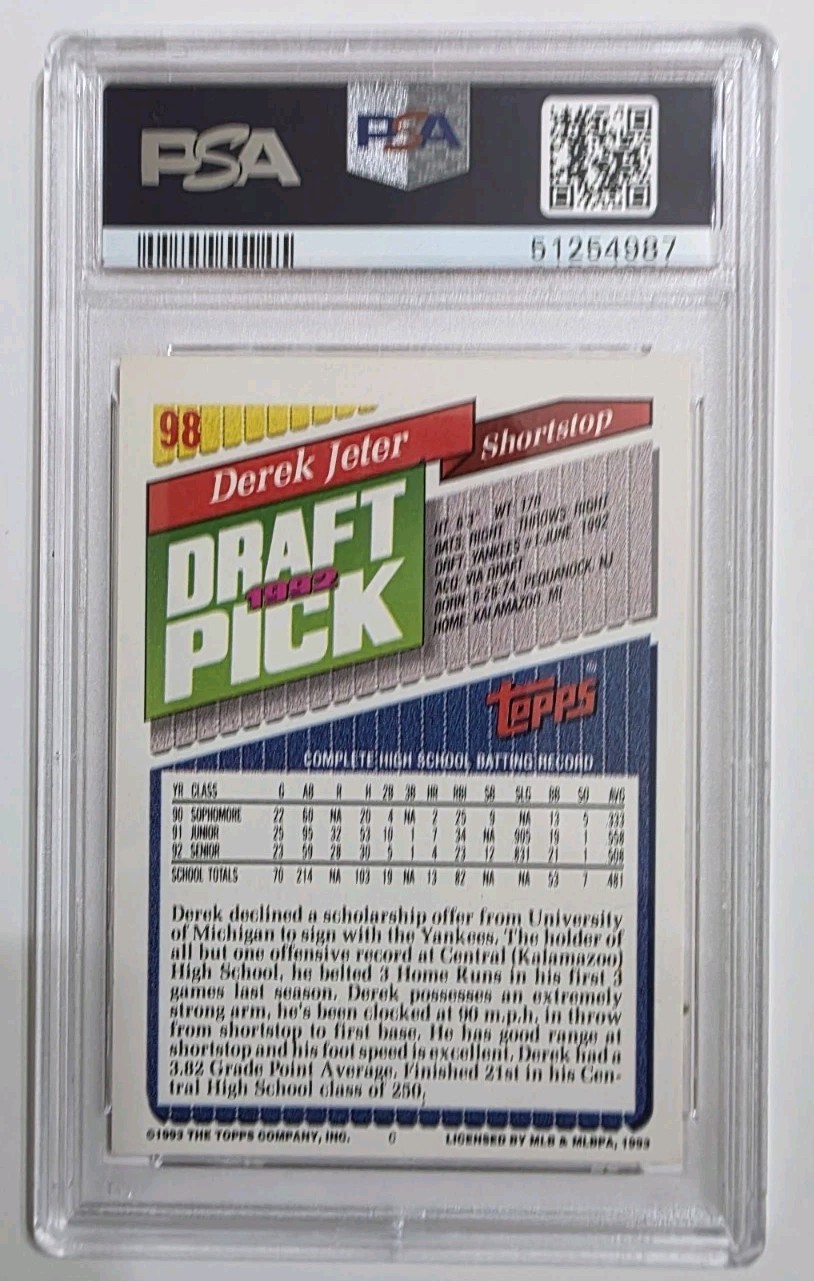 1993 TOPPS #98 DEREK JETER ROOKIE RC PSA 6 view 2