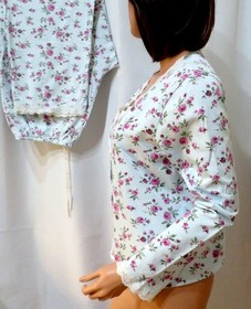 Victorias Secret 2PC Pajamas Blue & Pink Floral Cotton Knit Long Slv with Lace L