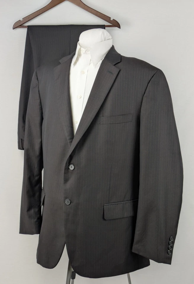 Костюм шерстяной Tasso Elba мужской 46R куртка 40x27 брюки коричневый в тонкую полоску с одним отверстием - Изображение 2 из 4