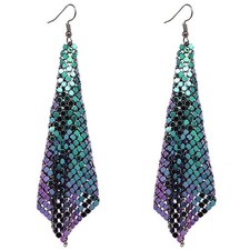 Rectangle Clip on Dangle Lightweight Mesh Tassel Sequin Long Drop Earrings Blue