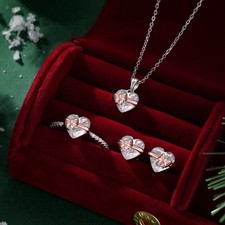 Christmas Heart Bow Jewelry Set   S925 Silver Necklace, Earrings  Ring