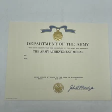 U.S. Military Department Of The Army Blank Achievement Medal Certificate 1981