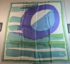 Vera Neumann Signed Scarf Silk Mix Green Violet Art Design 26x26