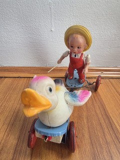 Vintage Japan Celluloid Wind Up Tin Toy. Farmer Chasing Duck. Working.
