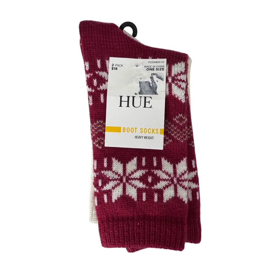 HUE Womens Boot Socks 2 Pack Heavyweight Fair Isle Snowflake Red Cream One Size - Image 2 of 3