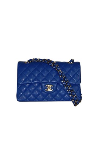 Authentic Chanel Small Classic Flap Bag Blue Quilted Iconic Double-C Clasp FW22