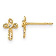 14k Yellow Gold Polished and Twisted Cubic Zirconia Cross Stud Earrings