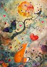 Whimsical collage fox hearts butterflies floral 2.5x3.5 ACEO landscape artwork