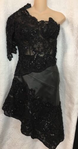 Two-Piece Black Sequined And Leather Skirt And One Shoulder Top Size 8 - 第 1/12 張圖片