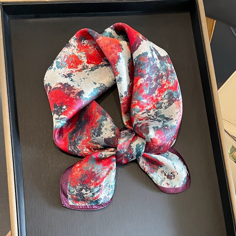 100% Silk Women's Red Oil Painting Square Scarf Bandana 53cm Fashion Kerchief