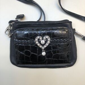 Brighton Crossbody Wallet, small purse, bag Black Leather Heart Bling | eBay