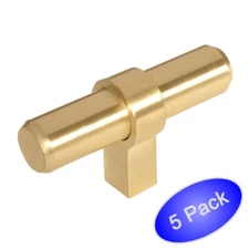 *5 Pack* Cosmas Cabinet Hardware Brushed Brass Euro Style T Knob #181BB