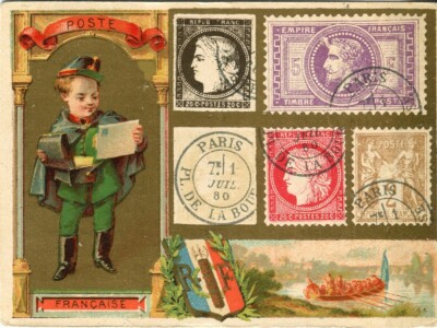 Liköre Descouraux Sammelkarte Postbote französische Briefmarkenbilder (Ende 1800)