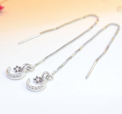 925 Sterling Silver Plated Moon Star CZ Ear Thread Through Threader Earrings C9