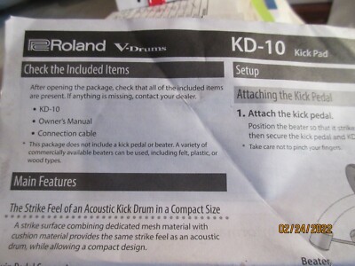 Roland V-Drums KD-10 V-Kick Bass Drum Trigger Pad Instructions set-up Manual