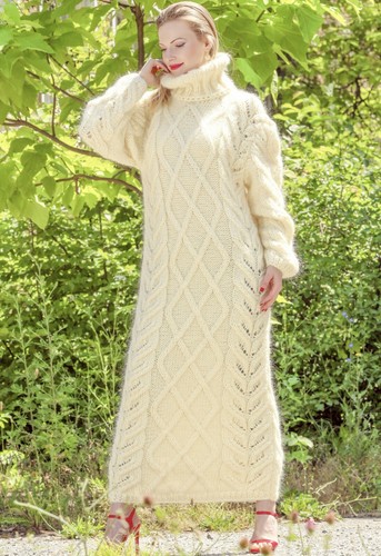 Designer ivory dress long mohair turtleneck fuzzy hand knitted gown SUPERTANYA - Picture 5 of 11