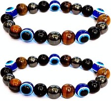 Evil Eye with Hematite Black Obsidian Tiger Eye Stone Triple Protection Bracelet