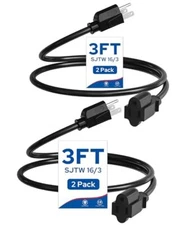 2-Pack Outdoor Extension Cord 3FT, 16/3 Gauge SJTW Power Cable for Indoor and 