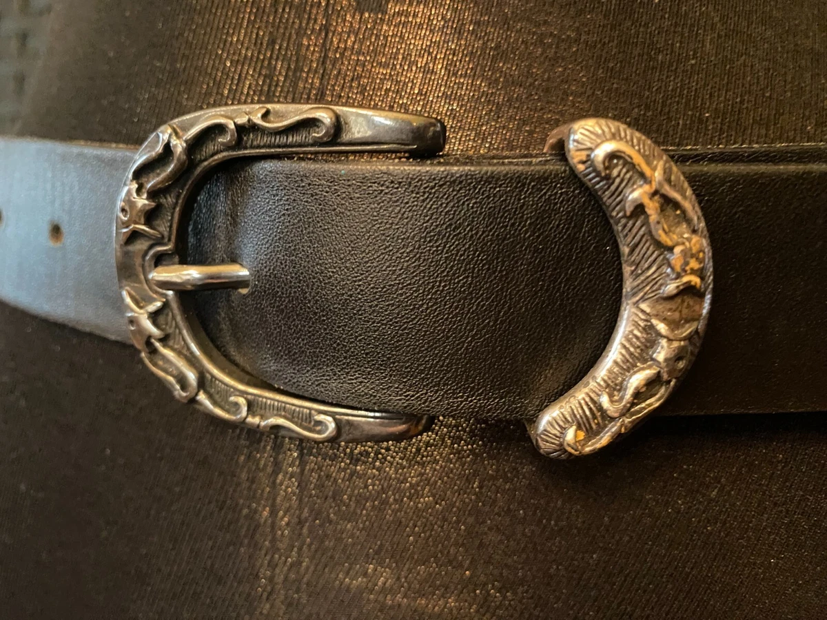 GARUGLIERI Black Leather Belt Made in Italy Pewter Figural  display picture 1