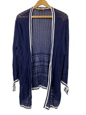 Belldini Crochet Wrap Open Cardigan Sweater Kimono Blue White Coastal Preppy 2X