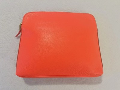 INDIA HICKS Leather Orange Neon Coral Leather Zip Pouch with Gold Hardware
