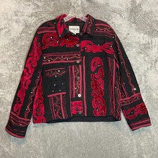 Chicos Womens Size 1 Artesian Sequin Black Red Geometric Tapestry Blazer Jacket
