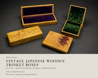 Vintage Japanese Wooden Trinket Boxes Lot of 2 Hand Painted Floral Lidded Boxes - Image 1 of 4