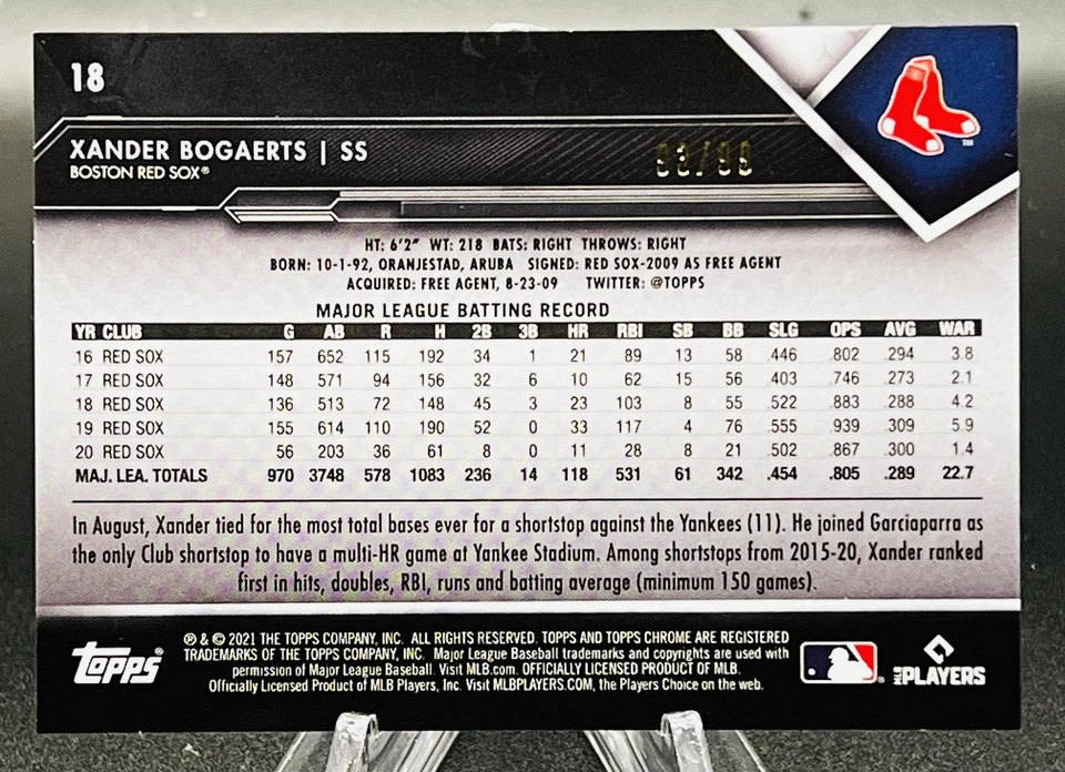 2021 Topps Chrome Black #18 Xander Bogaerts Atomic Green Refractor 93/99 Red Sox - Image 2 of 2
