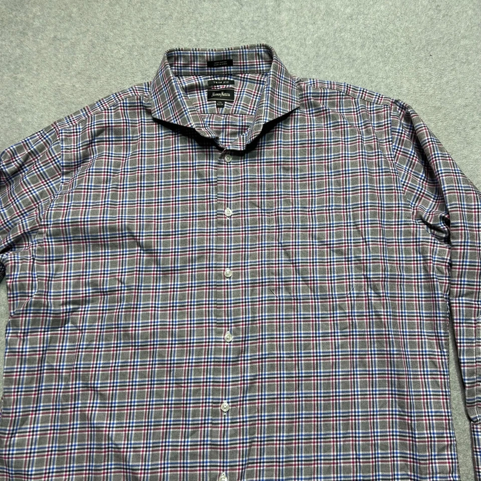 Neiman Marcus Shirt Mens 17.5 Gray Plaid Trim Fit Button Up Long Sleeve Casual - Image 2 of 4