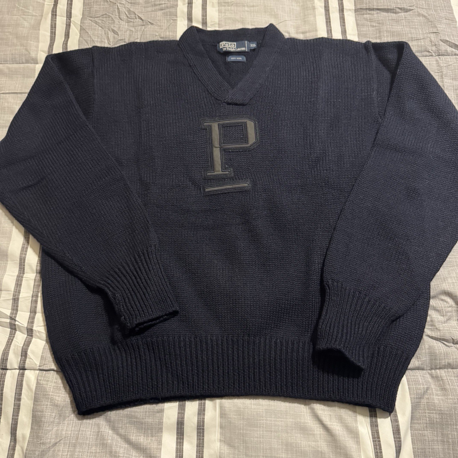 POLO RALPH LAUREN VINTAGE BIG P V-NECK KNIT SWEATER 100% WOOL XXL