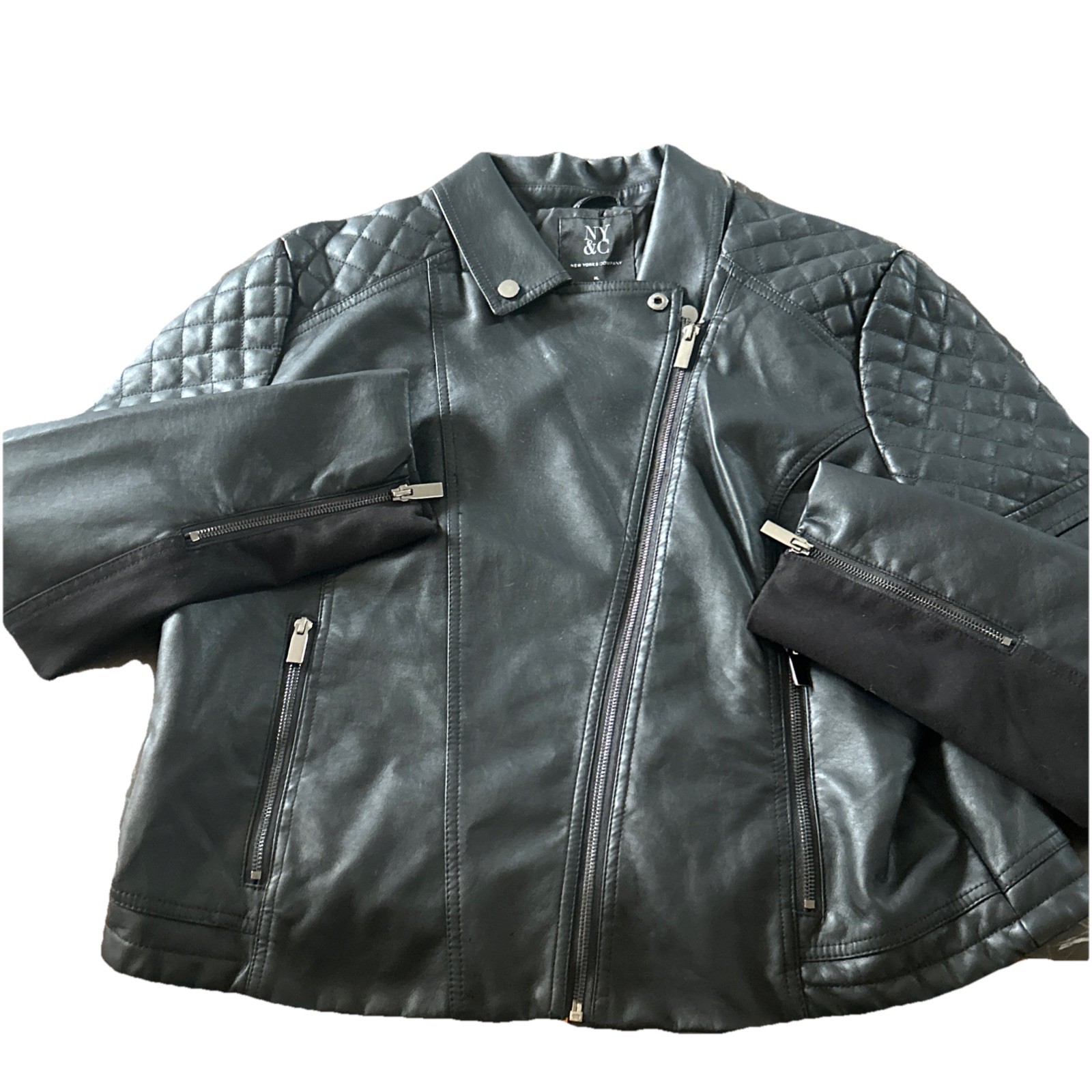New York And Company Biker Jacket Womens Size XL Black Zip Front Faux Leather